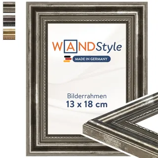 WANDStyle Bilderrahmen 13x18 Vintage, Bilderrahmen Silber Holz, hochwertiger Holzbilderrahmen Antik, Posterrahmen zum Aufhängen und Aufstellen, Rahmen 18x13 cm, Fotorahmen H450 - Made in Germany