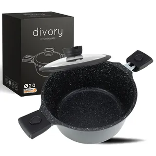 DIVORY Großer Kochtopf 20cm – 3L Topf groß mit Deckel, Gemüsetopf Induktion, Suppentopf mit abnehmbaren Griffen, Fleischtopf hoch Schwarz