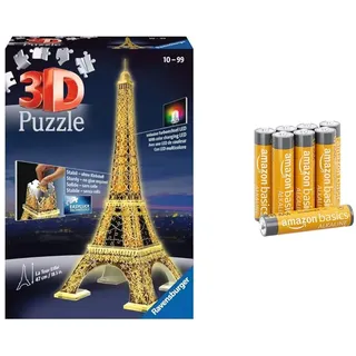 Ravensburger 3D Puzzle Eiffelturm in Paris bei Nacht 12579 - leuchtet im Dunkeln - 216 Teile - ab 10 Jahren & Amazon Basics AAA-Alkalibatterien, leistungsstark, 1,5 V, 8 Stück(Aussehen kann variieren)