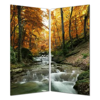Wallario selbstklebende Duschrückwand 180 x 180 cm mit Motiv Kleiner Bach über Steine im Herbstwald - Wandverkleidung mit Hochglanzlaminat in Glasoptik