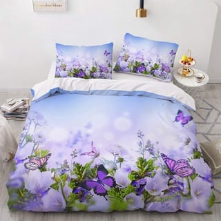 Luowei Bettwäsche Blumen 200x200cm Lila Blüten Schmetterling Vintage Floral Bettbezug und 2 Kissenbezüge 80 x 80cm Weiche Microfaser Bettwäsche Set für Doppelbett