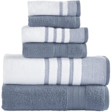 Modern Threads 6-teiliges Set, 2 Badetücher, 2 Handtücher, 2 Waschlappen, schnell trocknend, weiß/kontrastierender Reinhart Denim