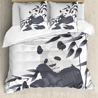 ABAKUHAUS Panda Bettbezug, Panda in Zoo Chinese, Milbensicher Allergiker geeignet mit Kissenbezügen, 200 cm x 200 cm - 80 x 80 cm, Kadett-Blau Weiß - Weiß