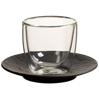 Villeroy & Boch Manufacture Rock Glow Espresso-Set, 2-teilig, Doppelwandiger Becher 60 ml mit Untertasse ø 12 cm, Hitzebeständiges Thermoglas, Borosilikatglas/Premium Porzellan, Schwarz