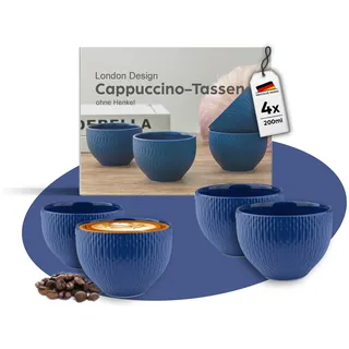 MELOX - 4er Set Cappuccino-Tassen Porzellan Blau - 4 x 200ml Tassen für Kaffee, Cappuccino & Macchiato - Kaffee-Becher dickwandig ohne Henkel - Kaffeetassen Coffee Cups im modernen Design