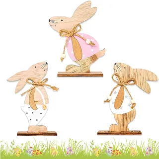 Osterdekoration, Osterhasen Deko, 3 Stück Osterdeko aus Holz, vielseitige Tischdekoration für Ostern und Frühling, stilvolle Raumgestaltung für Fensterbank und Garten