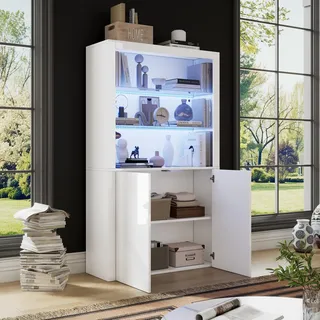 okwish Hochglanz-Vitrine Sideboard mit LED-Leuchten und Stauraum,Vertikaler Hochschrank mit Displayschicht aus gehärtetem Glas,Weiß - Weiß