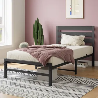 MODFU Metallbett 90 x 200 Jugendbett Bettrahmen mit MDF Kopfteil,Einzelbett mit Lattenrost,Bettgestell,.ohne Matratze,Schwarz - Schwarz