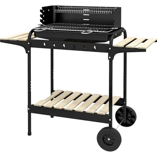Holzkohlegrill aus Metall BBQ Smoker mit Räder, höheverstellbar Grillrost, Holzablage, fahrbar Grillwagen Holzkohle Grill, Kohlegrill für Barbeque Camping, Terrasse, 103x47x95 cm Aosom