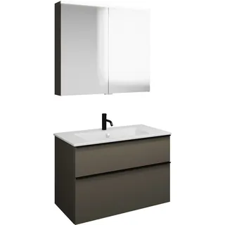 burgbad Eqio Set, bestehend aus Spiegelschrank, Keramik-Waschtisch Slim und Waschtischunterschrank, Breite 920mm, SHCP092F2010C0001G0252, Farbe: Grau Hochglanz / Grau Hochglanz, Griffleiste Schwarz