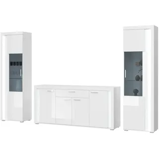 inn.furn Wohnwand Wohnzimmer Set Vitrinen Sideboard Schrankwand inkl Beleuchtung Sunroof weiß Hochglanz Wohnkombination 3-teilig mit Front-LED 332 x 202 cm