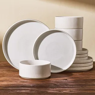 Richmount Star 12-teiliges teller set, Geschirrset 4 personen, Steingut Geschirr Set, Anti-Kratzer Tafelservice, Mikrowellen & Spülmaschinenfest, Mattes Beigeweiß