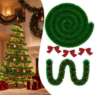 YRHome 8m Weihnachtsgirlande Tannengirlande mit Fliege Girlande Weihnachten Weihnachtsdeko Türkranz für Tür, Treppe, Weihnachtsbaum, Christbaumschmuck, Festliche Dekoration (Grün Kante)