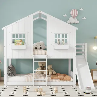 Flieks Etagenbett 90x200cm mit Rutsche, Kinderbett Hausbett mit Fenster und Staufach, Hochbett Stockbett Einzelbett Holzbett mit Lattenrost, Weiß - Weiß