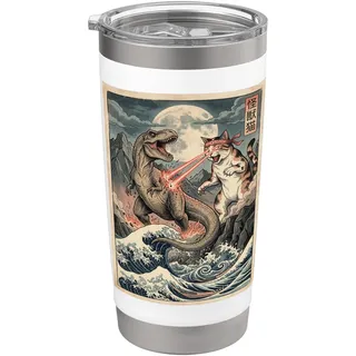 Japanische Ukiyo-e Kaiju-Monsterkunst „Katze gegen T-Rex“ Doppelwandiger Edelstahl-Thermobecher