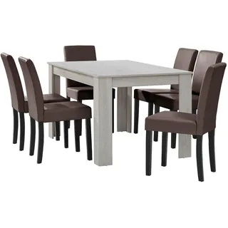 [en.casa] Esstisch Eiche weiß mit 6 Stühlen braun Kunstleder gepolstert 140x90 Essgruppe Esszimmer, - Braun