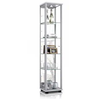 K-Möbel Glasvitrine 33/37/176 cm mit Spiegel, LED & 4 höhenverstellbaren Glasböden , Silberfarben , Holzwerkstoff , Rechteckig , 37x176x33 cm , Esszimmer, Vitrinen, Vitrinenschränke