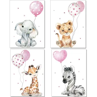 artpin® Poster Kinderzimmer Deko - Bilder Babyzimmer für Mädchen - Safari Dschungel Tierposter Grau Rosa Luftballon P64