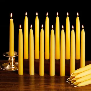 Ashlux Bienenwachs Stabkerzen & Spitzkerzen – 24 Stück Gelb, handgemacht, 8 Std. Brenndauer – tropffrei, rußfrei & geruchsneutral – für Weihnachten, Hochzeit, Meditation & Alltag