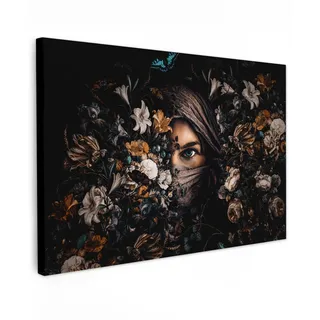 MuchoWow Leinwandbild Frau - Luxus - Blumen - Schmetterling - Porträt Groß 140x90 cm , Schwarz , Textil , Rechteckig , 140x90 cm , FSC 100% , gerahmt , Bilder & Rahmen, Bilder, Leinwandbilder