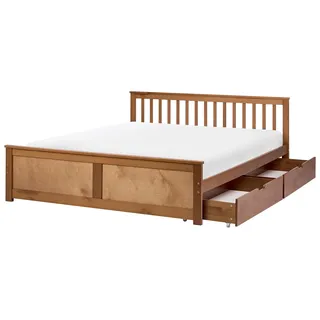 BELIANI Doppelbett Braun Kiefernholz mit Lattenrost 180x200 cm 2 Schubladen Fußteil Hohes Kopfteil Schlicht Modern Skandi Design Schlafzimmer Holzbett - Braun