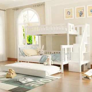 Merax Etagenbett 90x200/140x200cm mit Ausziehbett und Lagerregal, Kinderbett mit Treppe und Rausfallschutz, Kieferholzbett Stockbett Hausbett Jugendbe - Weiß