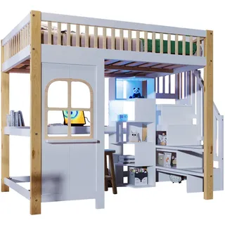 Stilvora Hochbett 140/200 cm in Weiß & Natur mit Led, Ablageleiter und Schreibtisch , Weiß, Naturfarben , Holz, Holzwerkstoff , 3 Fächer , 140x200 cm , Babymöbel & Kindermöbel, Kinderzimmer & Jugendzimmer, Kinderbetten, Hochbetten