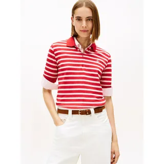 Poloshirt TOMMY HILFIGER "TH SCRIPT LYOCELL ZIP SS POLO", Damen, Gr. M (38), primary rot, pink, calico stp, Single Jersey, Obermaterial: 65% Lyocell, 32% Baumwolle, 3% Elasthan, gestreift, regular fit, Shirts Poloshirt