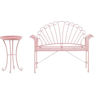 BELIANI 2-Sitzer Gartenbank mit Beistelltisch Rosa Eisen Französisch Romantisch Verschnörkelt Vintage Stil Outdoor Balkon Terrasse Garten Sitzgruppe - Rosa