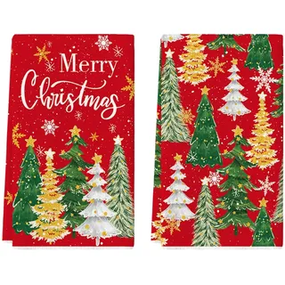 Artoid Mode Rot Schneeflocken Bäume Stern Weihnachten Küchentücher Geschirrtücher, 42x65 cm Merry Christmas Deko Polyester Handtücher 2er Set