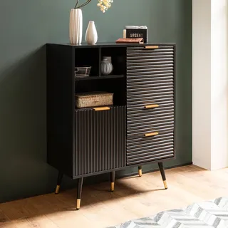 FineBuy Sideboard 77x97x40 cm Anrichte Schwarz mit Eiche-Nachbildung Kommode mit Türen und Schubladen Kommodenschrank Flurschrank mit Regal Modern - Schwarz
