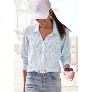 Langarmbluse LASCANA, Damen, Gr. 40, blau, creme gestreift, Web, Obermaterial: 55% Baumwolle, 35% Viskose, 10% Leinen, bestickt, gestreift, figurumspielend kniebedeckend, mit Knopf, Blusen Langarmbluse, mit floraler Stickerei, elegante Sommerbluse, Topseller