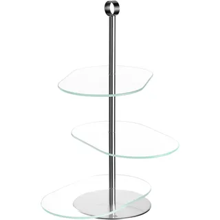 Etagere LEONARDO "CENA, 3 stufig - Höhe 39 cm, asymetrisch", silber (silberfarben, transparent), B:24cm H:39cm T:15cm, Glas, Metall, Servierplatten, Etagere, Servieretagere mehrstöckig, zum Servieren und Präsentieren
