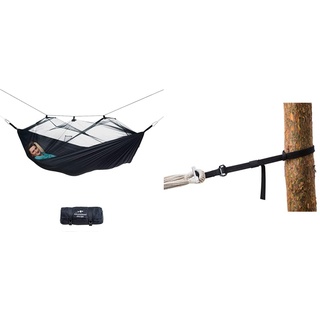 AMAZONAS Ultra-Light Hängematte Moskito Traveller EXTREME 500g 275cm x 140cm, in Schwarz & T-Strap Aufhänge Set für alle Hängematten baumschonend 15-220 cm und bis 200 kg pro Aufhäung