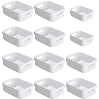 Nuangoo 12 Stück Aufbewahrungsbox,Kunststoff Aufbewahrungskorb mit Griffen,Multifunctional Ordnungsboxen für Küche,Büro,Schrank,Bad,Spielzeug (Weiß)