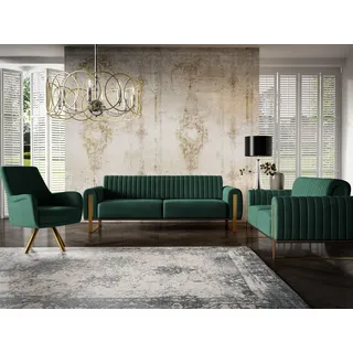 Sofaset Designersofas VALERIE 3-2-1 in Stoff Stoff Elisa Velvet Flaschengrün - Grün