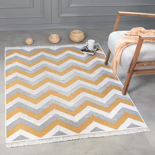 Kurzflor Teppich Läufer - Boho Kelim Teppich, Wohnzimmerteppich, Schlafzimmer und Küchenteppich, Flur Teppich, 50 x 80 cm, Zigzag-Gold - Gold