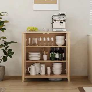 GarveeHome 3-Stöckiger Sideboard Mit Rattantüren, Buffetschrank Mit Verstellbaren Einlegeböden, Schrank Mit Metallgriffen, Für Esszimmer Und Wohnzimmer, 87 x 35 x 90 cm