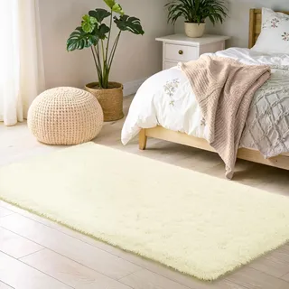BEIMO Hochflor Teppich Flauschig Creme Teppich Wohnzimmer 80x150cm Modern Flauschteppich Schlafzimmer Anti-Rutsch Bettvorleger Teppiche Weich rutschfest für Kinderzimmer