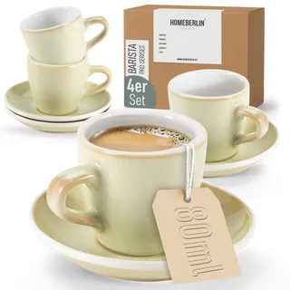 HOMEBERLIN® Barista Pro Espressotassen Set - 4x 80ml Espresso Tassen Set - Premium Espressotassen dickwandig aus hochwertigem Steingut inkl. Untertassen - 100% Handfertigung - Espresso Cups