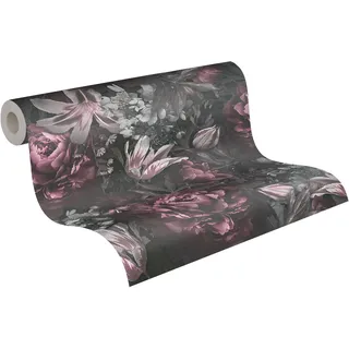 A.S. Création Vliestapete Rosen 0,53 x 10,05 m - Blumentapete in Rosa Grau Schwarz, Tapete Floral - 385093