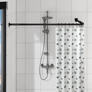 Duschvorhangstange L Form, Verstellbare Duschstange Ecke, Duschvorhang Halterung mit 12 ringen & Deckenstütze für Badewanne/Badezimmer, Bohr-Montage Erforderlich (Schwarz, 100-175cm x 140-214cm)