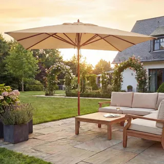 Gastronomie Holz-Sonnenschirm HWC-C57, Gartenschirm, Polyester/Holz 14kg, eckig 3x3m Seilzug stoßsicher creme - Beige