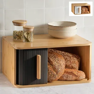 Brotkasten Groß aus FSC® Holz mit Schiebetür - Brotaufbewahrung 40x28cm - Platzsparend und stilvolle Brotbox für längere Frische - Schwarz