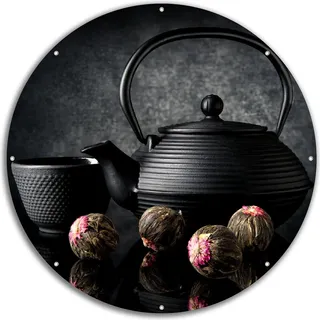 Wallario rundes Outdoor-Poster für Garten oder Balkon, Motiv Japanisches Tee-Set, 60 cm Durchmesser - Schwarz