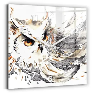Wallfluent Wanduhr – Stilles Quarzuhrwerk - Uhr Dekoration Wohnzimmer Schlafzimmer Küche - Zifferblatt - weiße Zeiger - 30x30 cm - Eule Symbol der Weisheit - Braun
