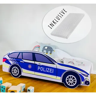 Autobett 80x160 cm Spielbett Kinderbett mit Matratze, Rausfallschutz und Lattenrost 160x80 cm Bett Kinder Polizei Auto Wagen - Blau