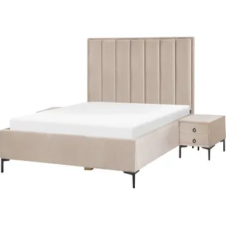 BELIANI Bett mit 2 Nachttischen Taupe Samtstoff Gesteppt mit Hohem Kopfteil Bettkasten Lattenrost 140x200 cm Hochklappbar Schlafzimmer Komplett Set - Grau, Beige, Schwarz