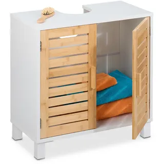 Relaxdays Waschbeckenunterschrank mit 2 Türen, HBT: 60x60x32 cm, Bambus & MDF, Badunterschrank Waschbecken, weiß/Natur