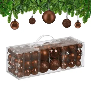 Relaxdays Weihnachtskugeln im 76er Set, Kunststoff, glitzernde, braun | matte, glänzende Baumkugeln, Christbaumschmuck